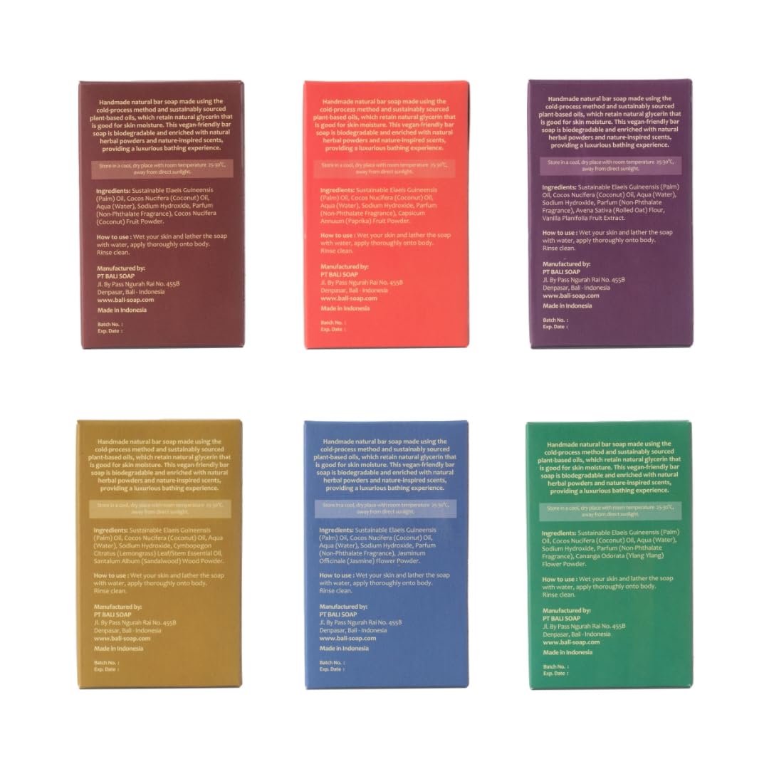 Bali Soap 6-Pack Handmade in Bali, Natural Cold Processed Bar Soap for Daily Use with Plant-Based Oils, Purifying & Refreshing, Vegan