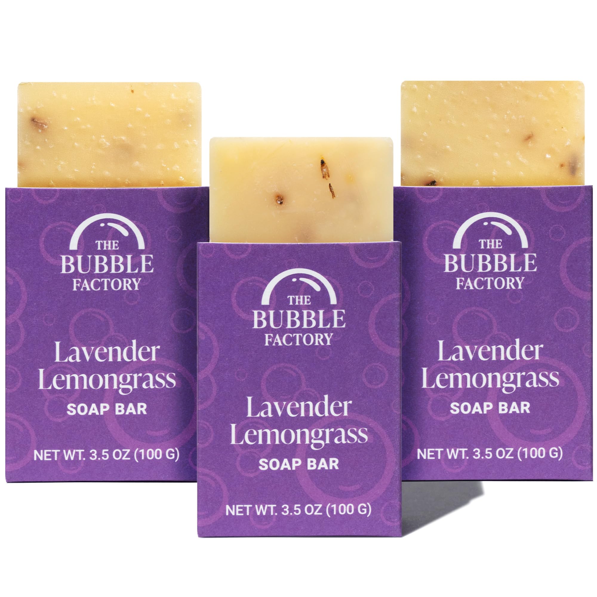 The Bubble Factory Handmade Natural Bath & Body Soap Bar, Vegan, All-Natural, Palm Oil Free, Made in USA with Shea Butter + Essential Oils, Lavender Collection, 3 Bars